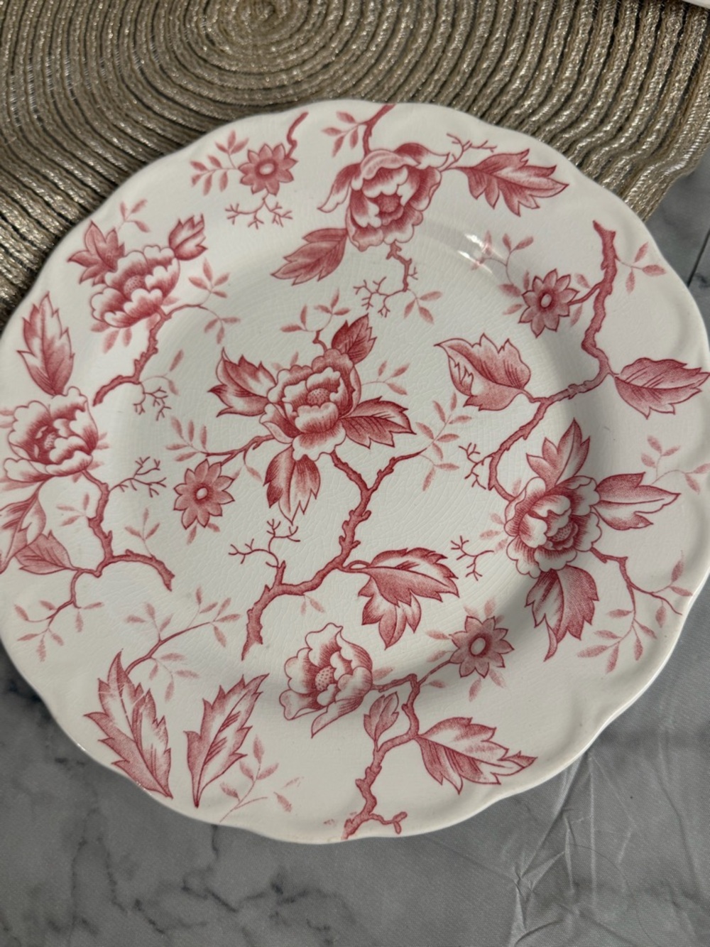 Vintage Pink Red Floral Ironstone Dinner Plates Set of 4 Cottagecore Shabby Chic - Picture 2 of 12